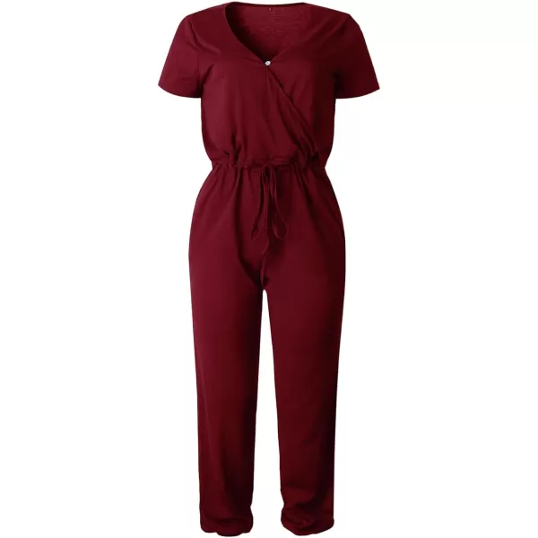 imagePRETTYGARDEN Womens Summer Casual Deep V Neck Short Sleeve Wrap Drawstring Waist Jumpsuit RomperWine Red
