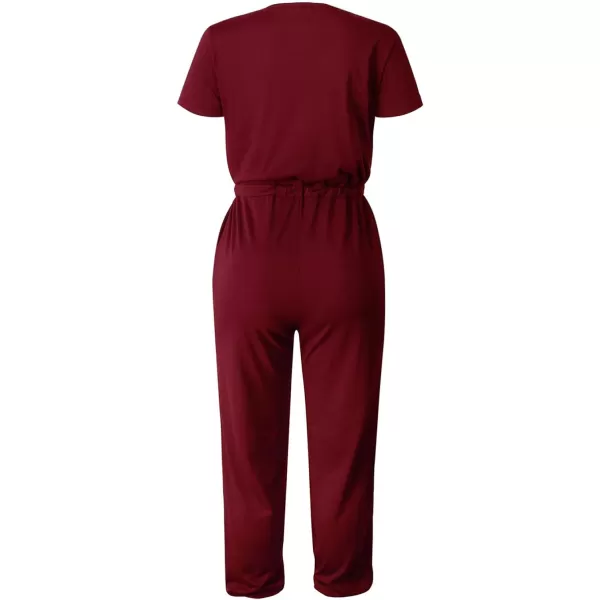 imagePRETTYGARDEN Womens Summer Casual Deep V Neck Short Sleeve Wrap Drawstring Waist Jumpsuit RomperWine Red