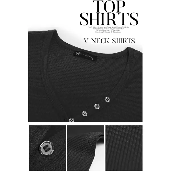 imagePRETTYGARDEN Womens Summer Casual Henley Shirts Short Sleeve V Neck Button Up Ribbed Knit Sexy Slim Fit Basic TopsBlack