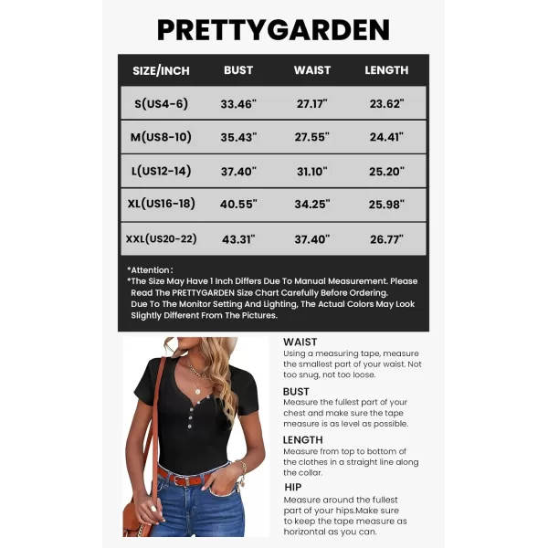 imagePRETTYGARDEN Womens Summer Casual Henley Shirts Short Sleeve V Neck Button Up Ribbed Knit Sexy Slim Fit Basic TopsBlack
