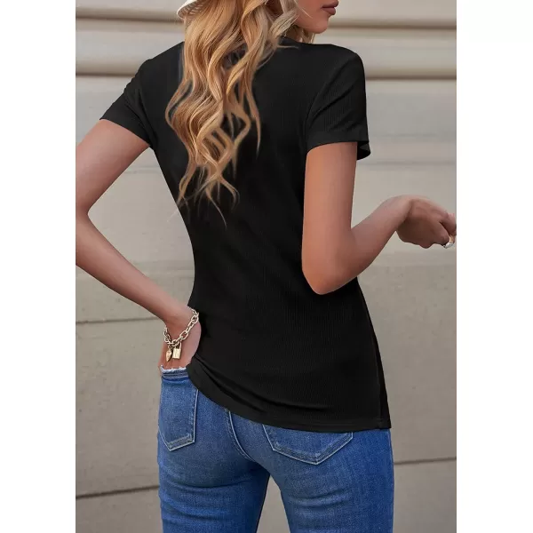 imagePRETTYGARDEN Womens Summer Casual Henley Shirts Short Sleeve V Neck Button Up Ribbed Knit Sexy Slim Fit Basic TopsBlack