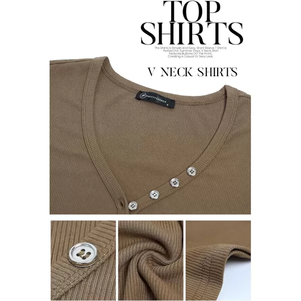 imagePRETTYGARDEN Womens Summer Casual Henley Shirts Short Sleeve V Neck Button Up Ribbed Knit Sexy Slim Fit Basic TopsBrown