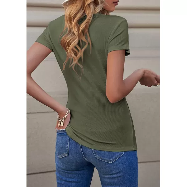 imagePRETTYGARDEN Womens Summer Casual Henley Shirts Short Sleeve V Neck Button Up Ribbed Knit Sexy Slim Fit Basic TopsGreen