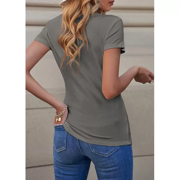 imagePRETTYGARDEN Womens Summer Casual Henley Shirts Short Sleeve V Neck Button Up Ribbed Knit Sexy Slim Fit Basic TopsGrey
