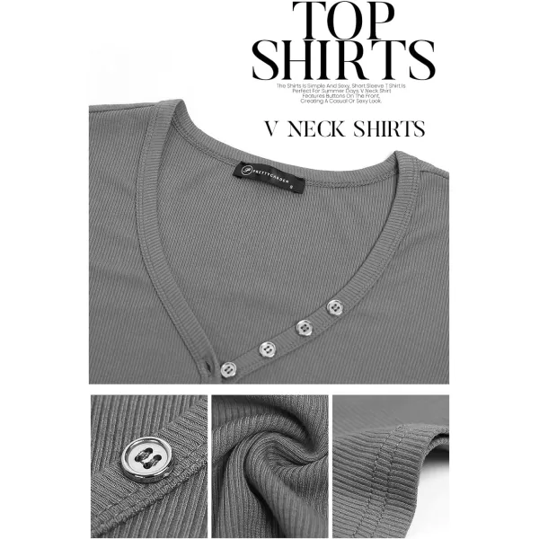 imagePRETTYGARDEN Womens Summer Casual Henley Shirts Short Sleeve V Neck Button Up Ribbed Knit Sexy Slim Fit Basic TopsGrey