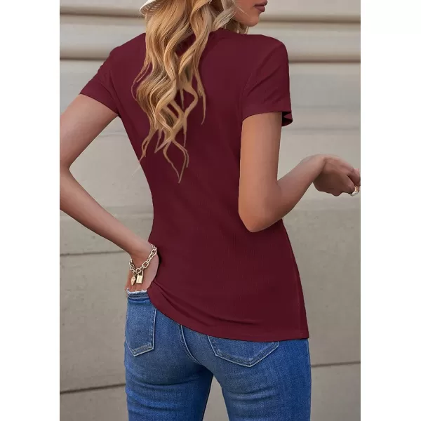 imagePRETTYGARDEN Womens Summer Casual Henley Shirts Short Sleeve V Neck Button Up Ribbed Knit Sexy Slim Fit Basic TopsRed