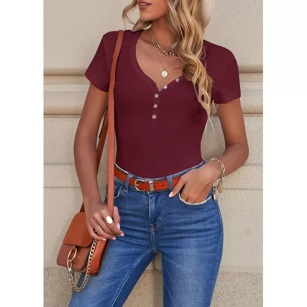 imagePRETTYGARDEN Womens Summer Casual Henley Shirts Short Sleeve V Neck Button Up Ribbed Knit Sexy Slim Fit Basic TopsRed