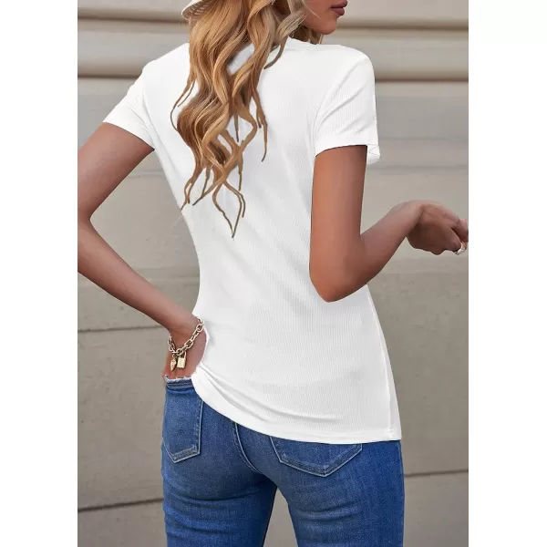 imagePRETTYGARDEN Womens Summer Casual Henley Shirts Short Sleeve V Neck Button Up Ribbed Knit Sexy Slim Fit Basic TopsWhite