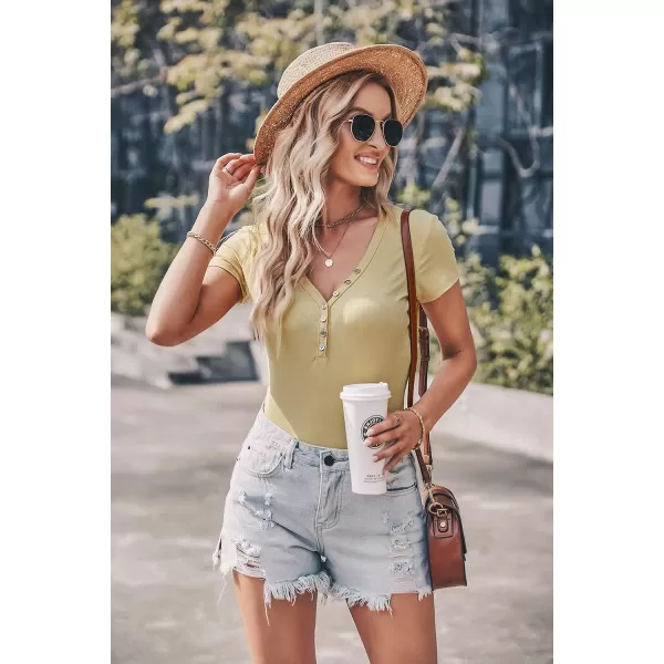 imagePRETTYGARDEN Womens Summer Casual Henley Shirts Short Sleeve V Neck Button Up Ribbed Knit Sexy Slim Fit Basic TopsYellow