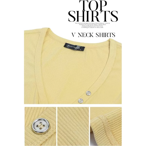 imagePRETTYGARDEN Womens Summer Casual Henley Shirts Short Sleeve V Neck Button Up Ribbed Knit Sexy Slim Fit Basic TopsYellow