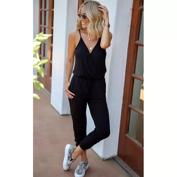 imagePRETTYGARDEN Womens Summer Casual Jumpsuits Wrap V Neck Sleeveless One Piece Pants Romper with PocketsBlack