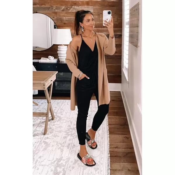 imagePRETTYGARDEN Womens Summer Casual Jumpsuits Wrap V Neck Sleeveless One Piece Pants Romper with PocketsBlack