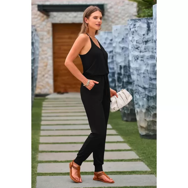 imagePRETTYGARDEN Womens Summer Casual Jumpsuits Wrap V Neck Sleeveless One Piece Pants Romper with PocketsBlack