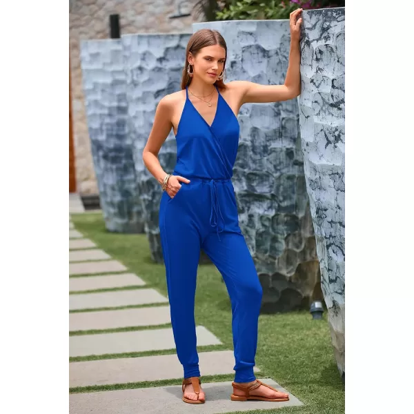 imagePRETTYGARDEN Womens Summer Casual Jumpsuits Wrap V Neck Sleeveless One Piece Pants Romper with PocketsBlue