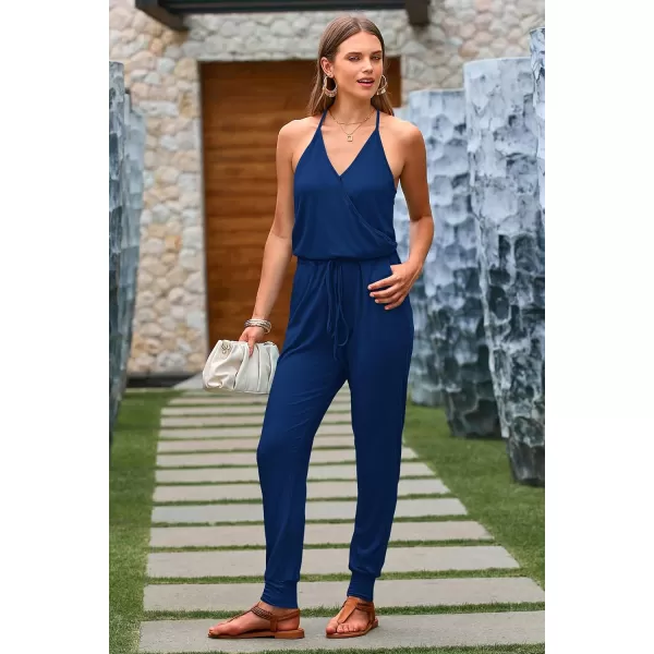 imagePRETTYGARDEN Womens Summer Casual Jumpsuits Wrap V Neck Sleeveless One Piece Pants Romper with PocketsDark Blue