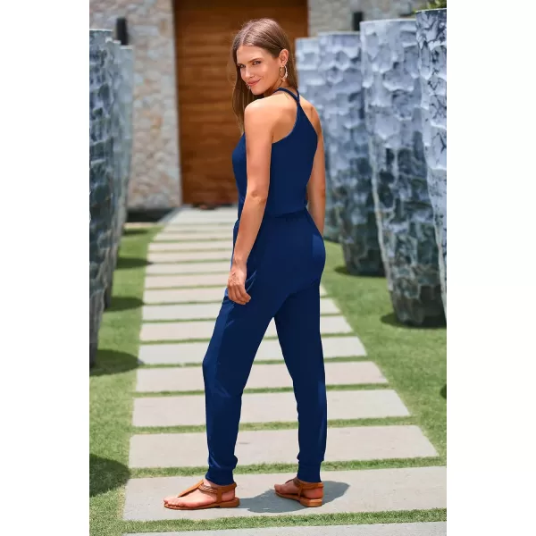 imagePRETTYGARDEN Womens Summer Casual Jumpsuits Wrap V Neck Sleeveless One Piece Pants Romper with PocketsDark Blue