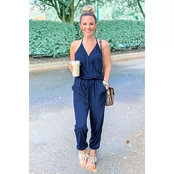 imagePRETTYGARDEN Womens Summer Casual Jumpsuits Wrap V Neck Sleeveless One Piece Pants Romper with PocketsDark Blue