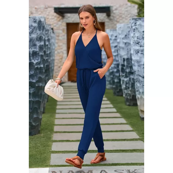 imagePRETTYGARDEN Womens Summer Casual Jumpsuits Wrap V Neck Sleeveless One Piece Pants Romper with PocketsDark Blue