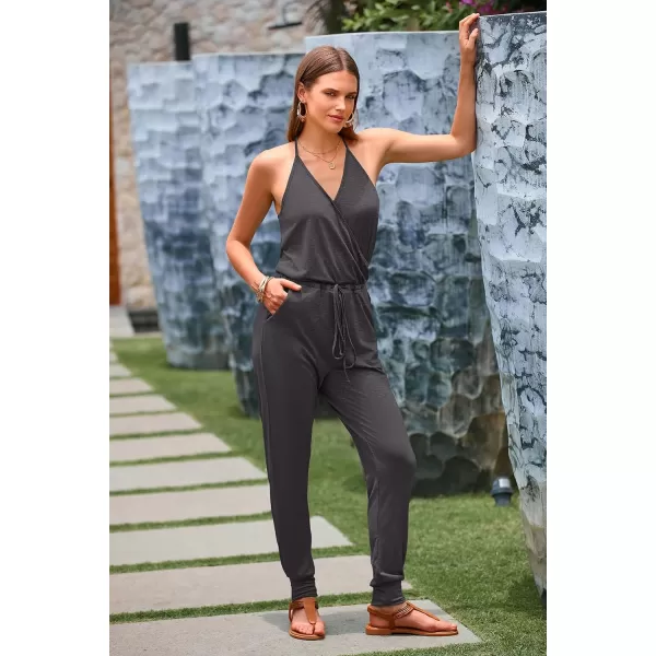 imagePRETTYGARDEN Womens Summer Casual Jumpsuits Wrap V Neck Sleeveless One Piece Pants Romper with PocketsDark Grey