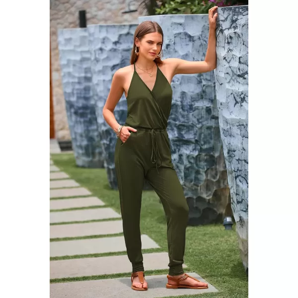 imagePRETTYGARDEN Womens Summer Casual Jumpsuits Wrap V Neck Sleeveless One Piece Pants Romper with PocketsGreen