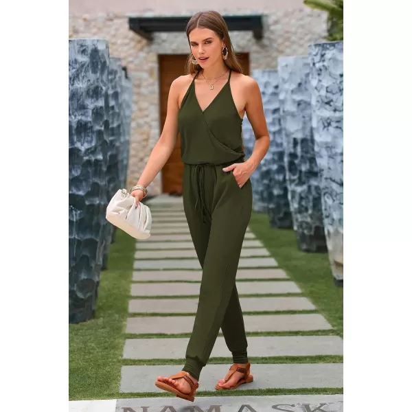 imagePRETTYGARDEN Womens Summer Casual Jumpsuits Wrap V Neck Sleeveless One Piece Pants Romper with PocketsGreen
