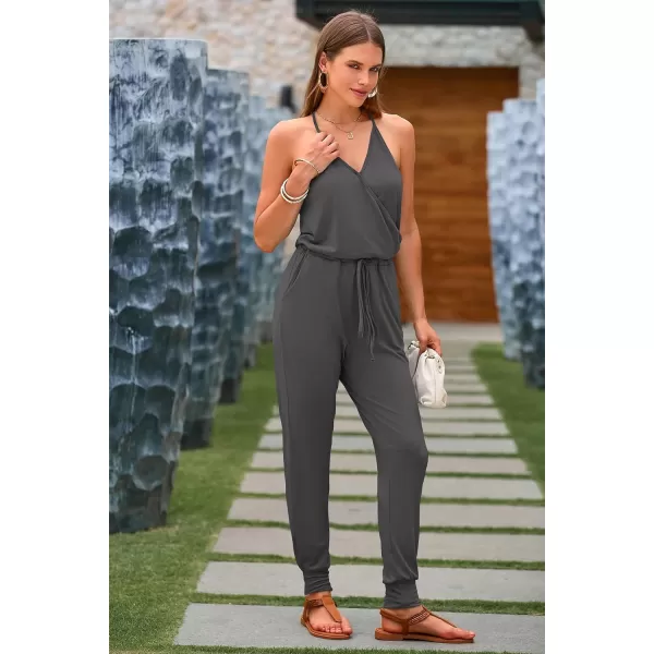 imagePRETTYGARDEN Womens Summer Casual Jumpsuits Wrap V Neck Sleeveless One Piece Pants Romper with PocketsGrey