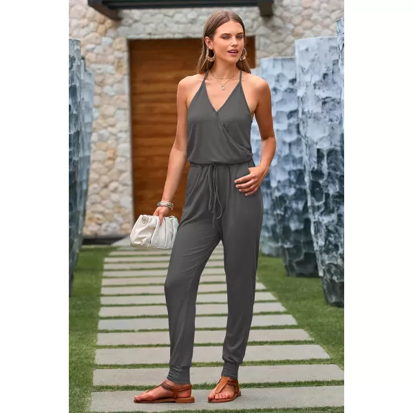 imagePRETTYGARDEN Womens Summer Casual Jumpsuits Wrap V Neck Sleeveless One Piece Pants Romper with PocketsGrey