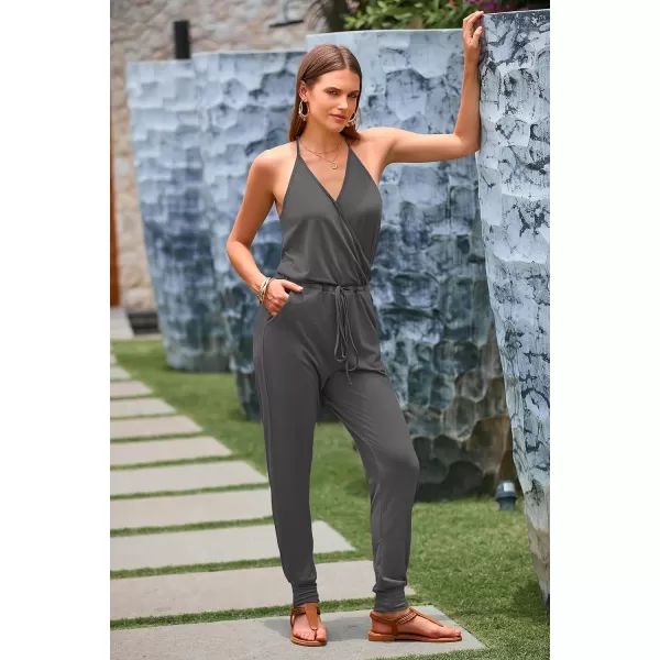 imagePRETTYGARDEN Womens Summer Casual Jumpsuits Wrap V Neck Sleeveless One Piece Pants Romper with PocketsGrey