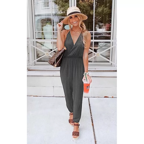 imagePRETTYGARDEN Womens Summer Casual Jumpsuits Wrap V Neck Sleeveless One Piece Pants Romper with PocketsGrey
