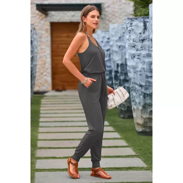imagePRETTYGARDEN Womens Summer Casual Jumpsuits Wrap V Neck Sleeveless One Piece Pants Romper with PocketsGrey