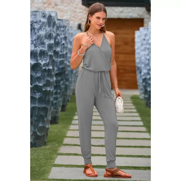 imagePRETTYGARDEN Womens Summer Casual Jumpsuits Wrap V Neck Sleeveless One Piece Pants Romper with PocketsLight Grey