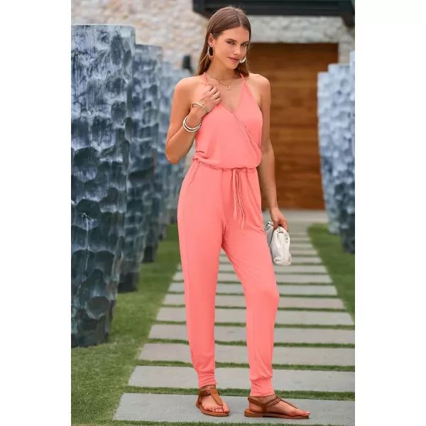 imagePRETTYGARDEN Womens Summer Casual Jumpsuits Wrap V Neck Sleeveless One Piece Pants Romper with PocketsLight Pink