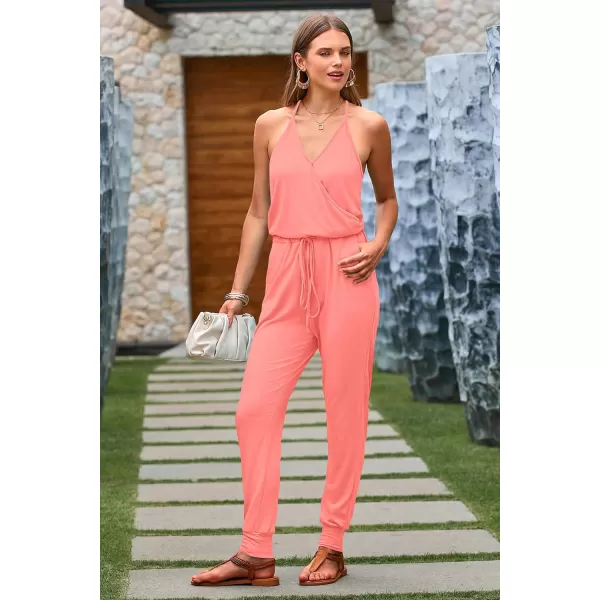 imagePRETTYGARDEN Womens Summer Casual Jumpsuits Wrap V Neck Sleeveless One Piece Pants Romper with PocketsLight Pink