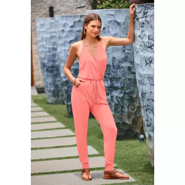 imagePRETTYGARDEN Womens Summer Casual Jumpsuits Wrap V Neck Sleeveless One Piece Pants Romper with PocketsLight Pink