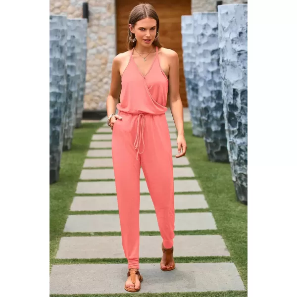 imagePRETTYGARDEN Womens Summer Casual Jumpsuits Wrap V Neck Sleeveless One Piece Pants Romper with PocketsLight Pink