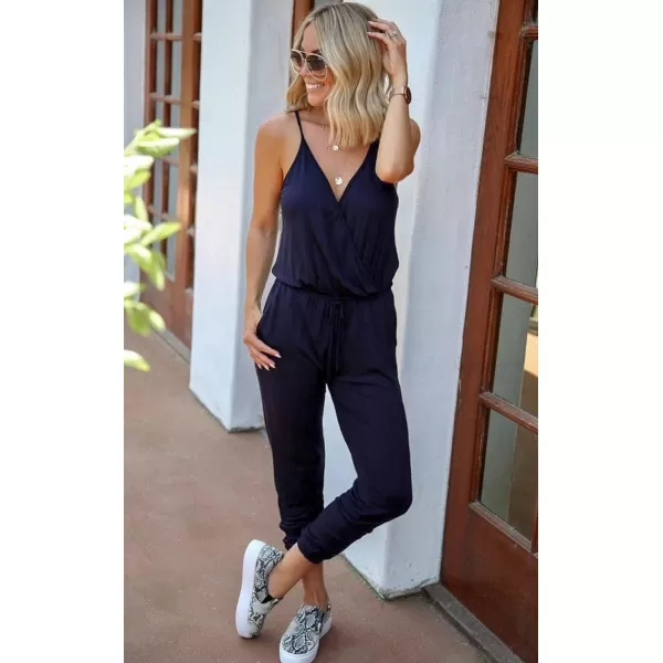 imagePRETTYGARDEN Womens Summer Casual Jumpsuits Wrap V Neck Sleeveless One Piece Pants Romper with PocketsNavy