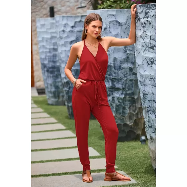 imagePRETTYGARDEN Womens Summer Casual Jumpsuits Wrap V Neck Sleeveless One Piece Pants Romper with PocketsRed