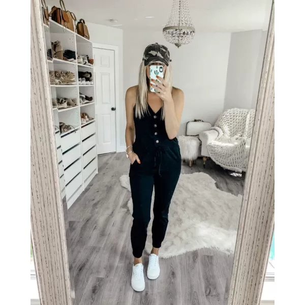 imagePRETTYGARDEN Womens Summer Casual Jumpsuits Wrap V Neck Sleeveless One Piece Pants Romper with PocketsSolid Black