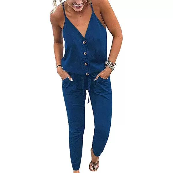 imagePRETTYGARDEN Womens Summer Casual Jumpsuits Wrap V Neck Sleeveless One Piece Pants Romper with PocketsSolid Dark Blue