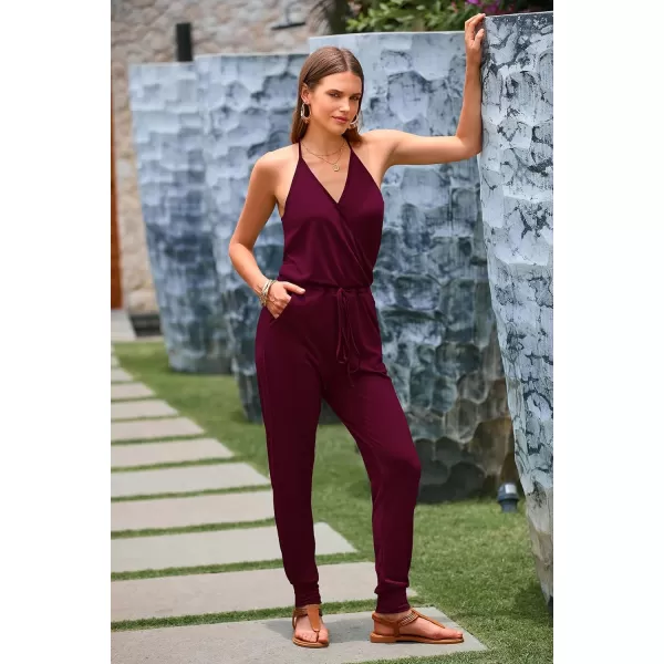 imagePRETTYGARDEN Womens Summer Casual Jumpsuits Wrap V Neck Sleeveless One Piece Pants Romper with PocketsWine Red