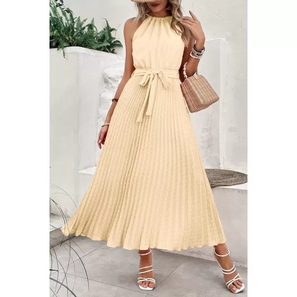 imagePRETTYGARDEN Womens Summer Casual Long Dress Sleeveless Halter Neck Swiss Dot Pleated Beach Maxi Sun DressesApricot