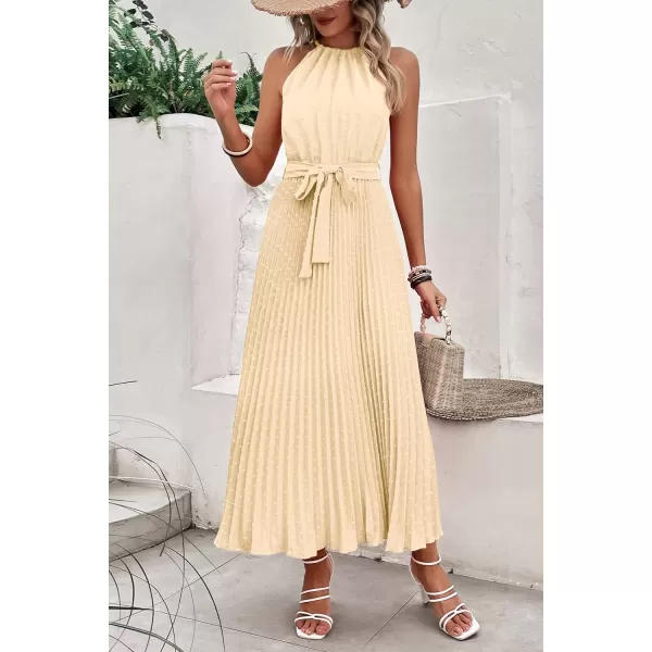 imagePRETTYGARDEN Womens Summer Casual Long Dress Sleeveless Halter Neck Swiss Dot Pleated Beach Maxi Sun DressesApricot