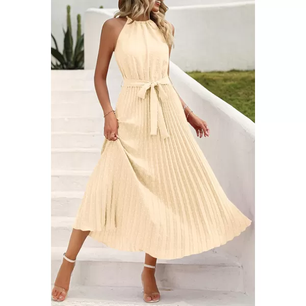 imagePRETTYGARDEN Womens Summer Casual Long Dress Sleeveless Halter Neck Swiss Dot Pleated Beach Maxi Sun DressesApricot