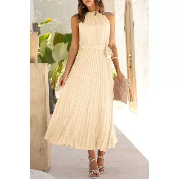 imagePRETTYGARDEN Womens Summer Casual Long Dress Sleeveless Halter Neck Swiss Dot Pleated Beach Maxi Sun DressesApricot