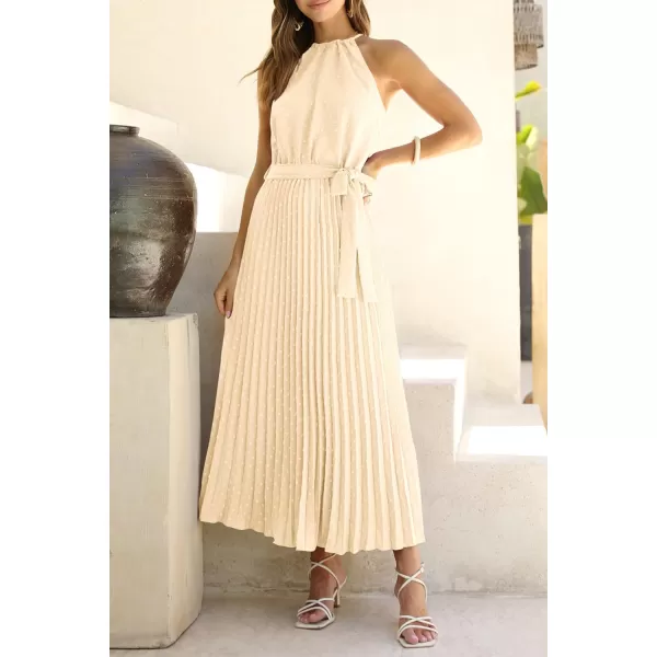 imagePRETTYGARDEN Womens Summer Casual Long Dress Sleeveless Halter Neck Swiss Dot Pleated Beach Maxi Sun DressesApricot