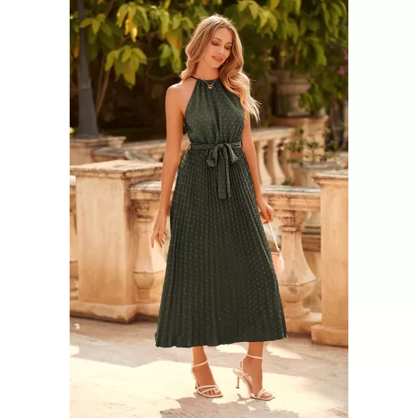 imagePRETTYGARDEN Womens Summer Casual Long Dress Sleeveless Halter Neck Swiss Dot Pleated Beach Maxi Sun DressesArmy Green