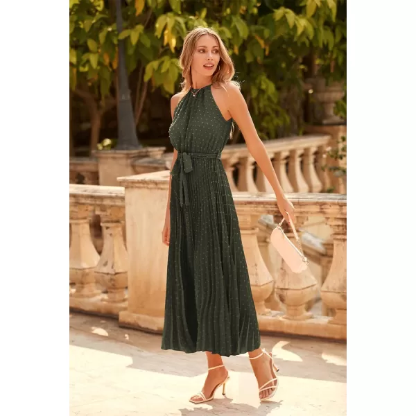 imagePRETTYGARDEN Womens Summer Casual Long Dress Sleeveless Halter Neck Swiss Dot Pleated Beach Maxi Sun DressesArmy Green