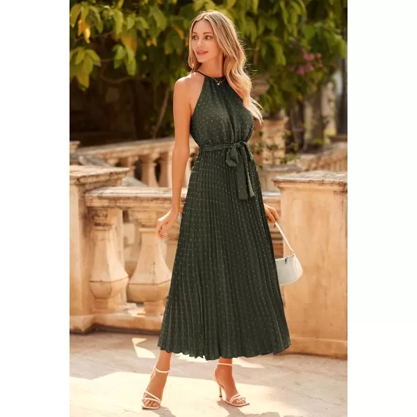 imagePRETTYGARDEN Womens Summer Casual Long Dress Sleeveless Halter Neck Swiss Dot Pleated Beach Maxi Sun DressesArmy Green