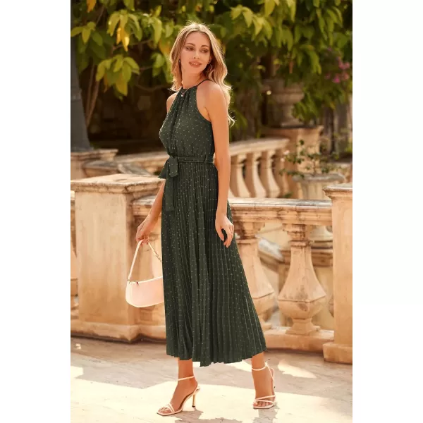 imagePRETTYGARDEN Womens Summer Casual Long Dress Sleeveless Halter Neck Swiss Dot Pleated Beach Maxi Sun DressesArmy Green
