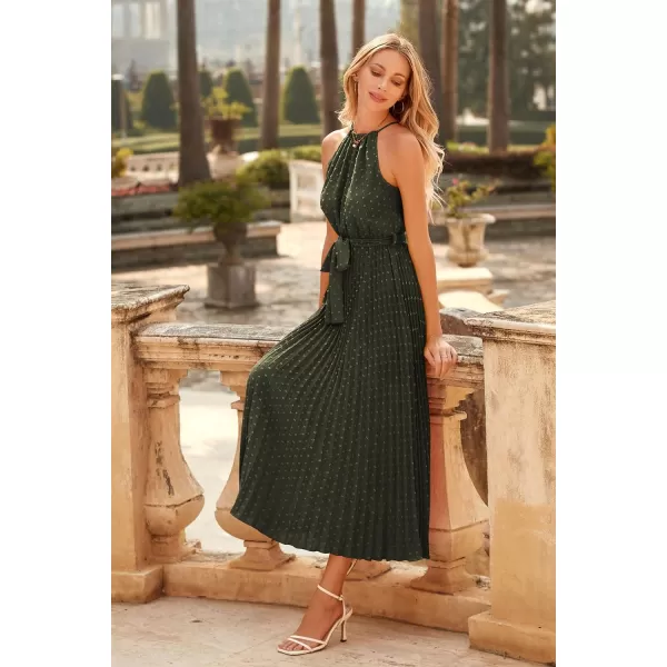 imagePRETTYGARDEN Womens Summer Casual Long Dress Sleeveless Halter Neck Swiss Dot Pleated Beach Maxi Sun DressesArmy Green
